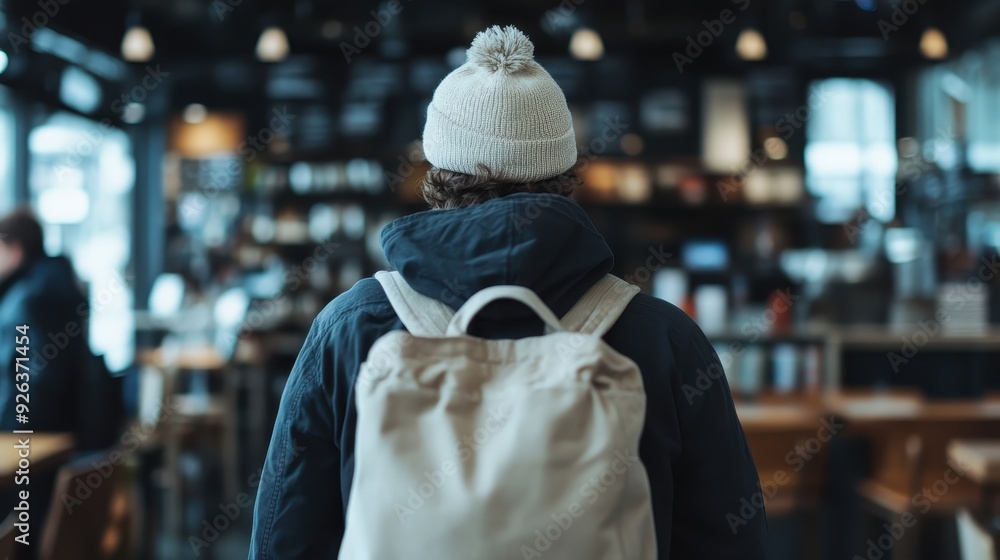A man wearing a knit hat and winter coat, carrying a backpack, is seen from the back standing in a cozy cafe with the warm ambiance, suggesting a winter afternoon setting. A man wearing a knit hat and winter coat, carrying a backpack, is seen from the back standing in a cozy cafe with the warm ambiance, suggesting a winter afternoon setting.