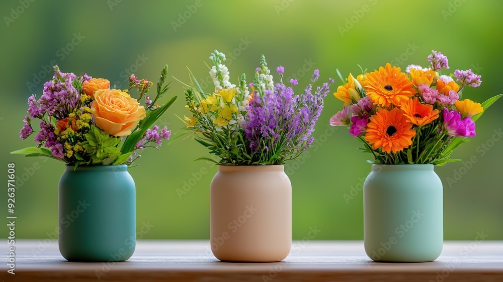 Colorful Flower Arrangements in Rustic Vases Colorful Flower Arrangements in Rustic Vases