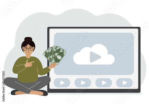A woman holds paper banknotes in his hand, next to a computer with a video. Freelancer, earning money, working on the Internet, training, coaching, business, remote work.
