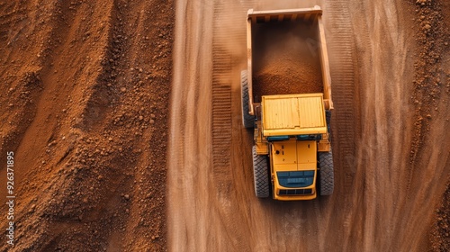 A yellow dump truck carrying dirt on a construction site, moving along a dirt road with visible tire tracks, symbolizing heavy machinery work and project progression.