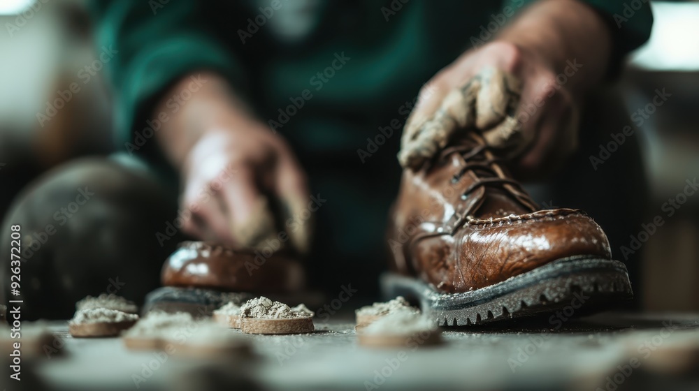 A detailed shot of hands polishing brown leather boots with a cloth, highlighting craftsmanship and dedication to maintaining footwear, emphasizing care and detail. A detailed shot of hands polishing brown leather boots with a cloth, highlighting craftsmanship and dedication to maintaining footwear, emphasizing care and detail.