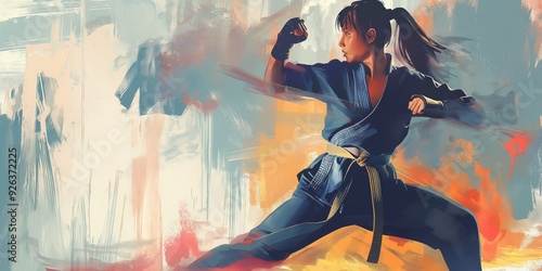 Dynamic Female Karate Artist in Action created by ai