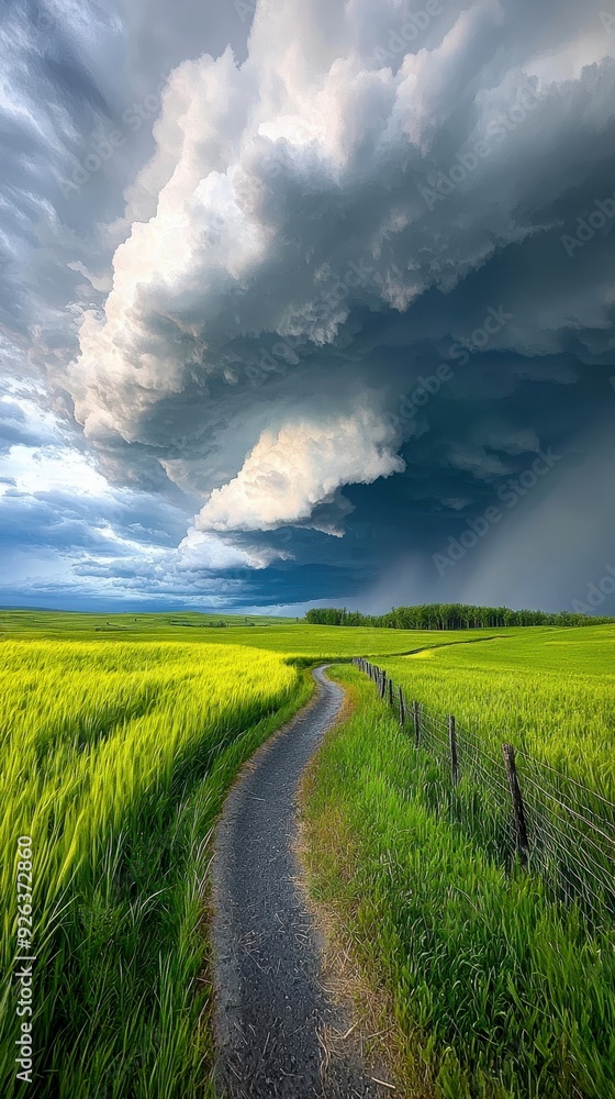Dramatic Storm Clouds Over Green Field and Winding Road Dramatic Storm Clouds Over Green Field and Winding Road