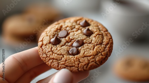 Close-up of a hand holding a golden brown chocolate chip cookie with gooey chocolate chips, offering a tasty treat. photo