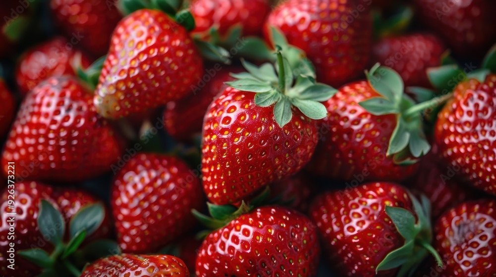 Close-up of fresh, ripe strawberries with vibrant red color and green leaves, emphasizing their juicy and natural texture for a healthy fruit option Close-up of fresh, ripe strawberries with vibrant red color and green leaves, emphasizing their juicy and natural texture for a healthy fruit option