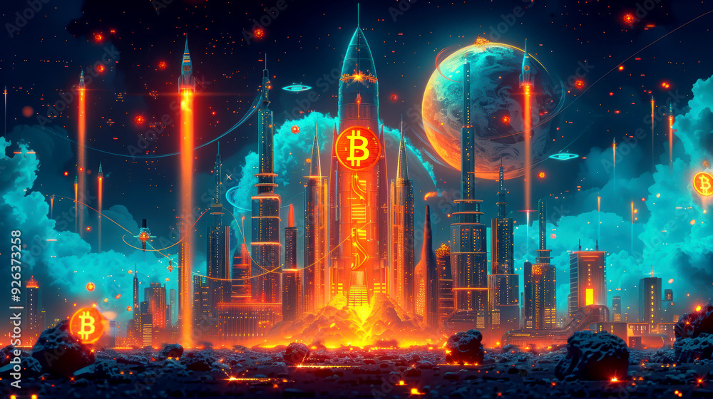 A rocket launching from a glowing futuristic city with Bitcoin symbols and a graph illustrating financial growth, symbolizing the rapid rise of cryptocurrency and innovation. A rocket launching from a glowing futuristic city with Bitcoin symbols and a graph illustrating financial growth, symbolizing the rapid rise of cryptocurrency and innovation.