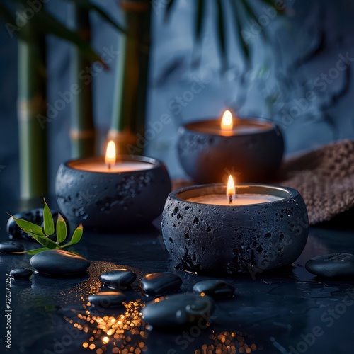 Candles flicker softly on a black table, surrounded by smooth black stones. A cozy, dimly lit atmosphere enhanced by bamboo accents and dark tones.