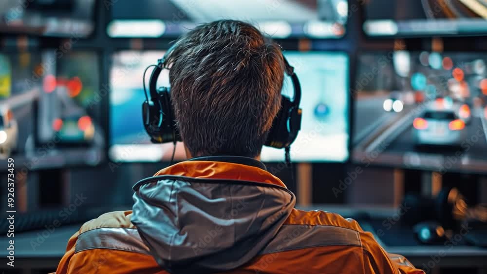 Race director at the motorsport track control room with several TV monitoring lines Race director at the motorsport track control room with several TV monitoring lines