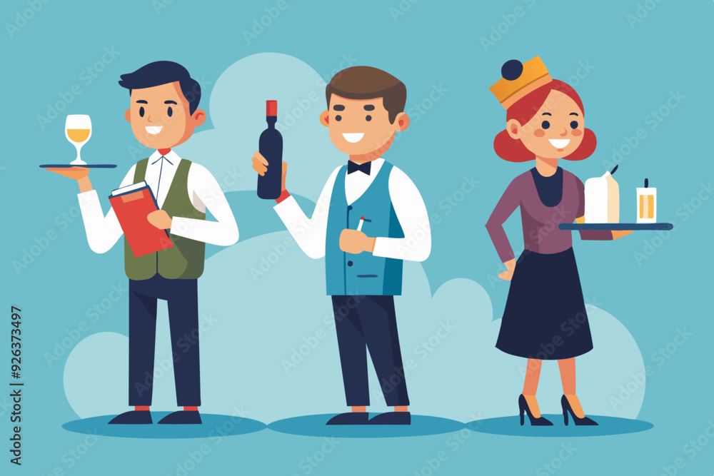 Set of character of a waiter man with a tray, with a bottle of wine, write down a customer's order, invites
Set of character of a waiter man with a tray, with a bottle of wine, write down a customer's order, invites