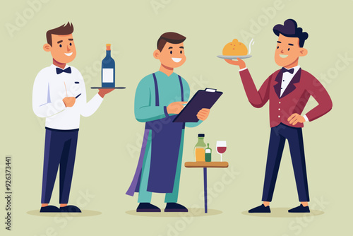 Set of character of a waiter man with a tray, with a bottle of wine, write down a customer's order, invites

