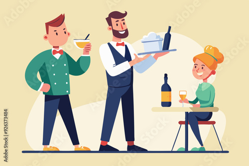 Set of character of a waiter man with a tray, with a bottle of wine, write down a customer's order, invites
