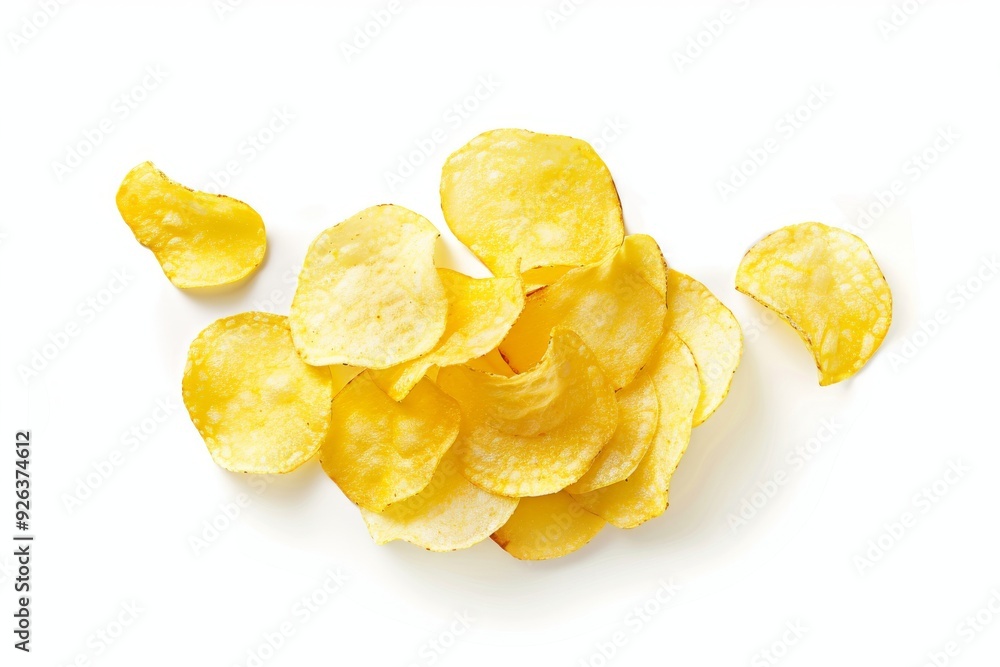 Potato chips crisps isolated on a white transparent background in a flat lay top view. Potato chips crisps isolated on a white transparent background in a flat lay top view.