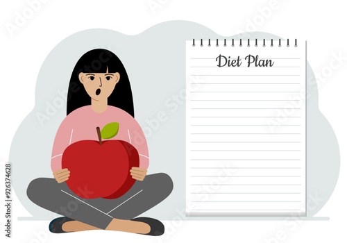 Diet plan illustration. A woman sits cross-legged and holds a large red apple. The concept of diet food, meal planning, nutrition consultation.