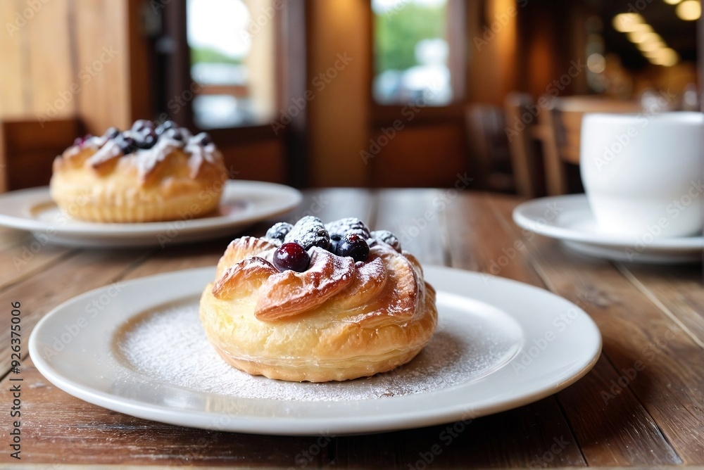 Sweet Pastry on a Plate Served on a Wooden Table with Blurred Restaurant Background and Copy Space. Sweet Pastry on a Plate Served on a Wooden Table with Blurred Restaurant Background and Copy Space.