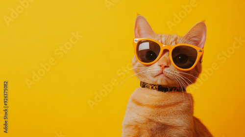 Adorable orange cat wearing trendy sunglasses poses against a yellow backdrop. --ar 16:9 --v 6.1 Job ID: 2aabd88e-c7af-42da-b29a-cd5ad8e95c6a photo