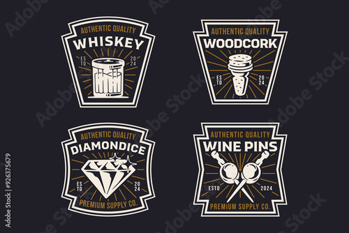 "glass, whiskey, wooden cork, ice diamond and wine pin retro badge logo vector design set for brewery industry and restaurant company label, sign, symbol or brand identity