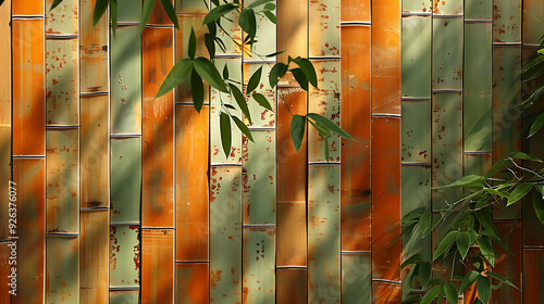 A bamboo fence with natural green leaves in the foreground. The bamboo has various shades of yellow and green, with slight rust marks, adding texture and a vintage look