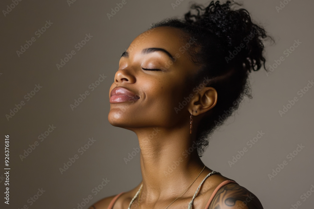 A close up of a tattooed black woman's face with her eyes closed A close up of a tattooed black woman's face with her eyes closed