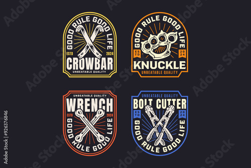 brass knuckle, crowbar, wrench, steel bolt cutter retro badge logo design set for sport, fighter, adventure, gangster and garage