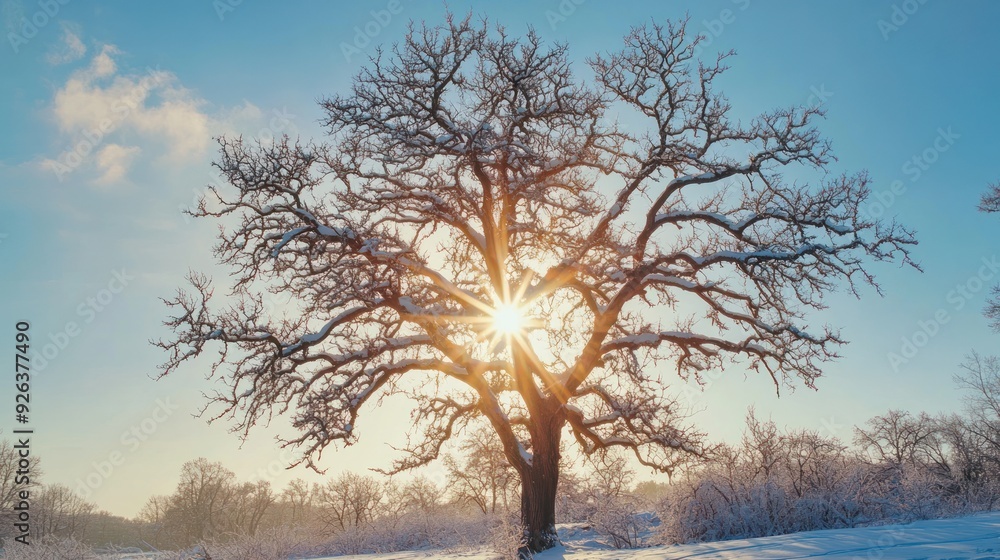 Snow Covered Tree With The Sun Shining Through Snow Covered Tree With The Sun Shining Through