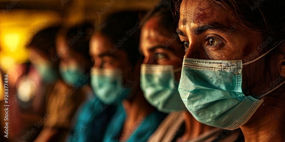 A group of people wearing masks are sitting together A group of people wearing masks are sitting together