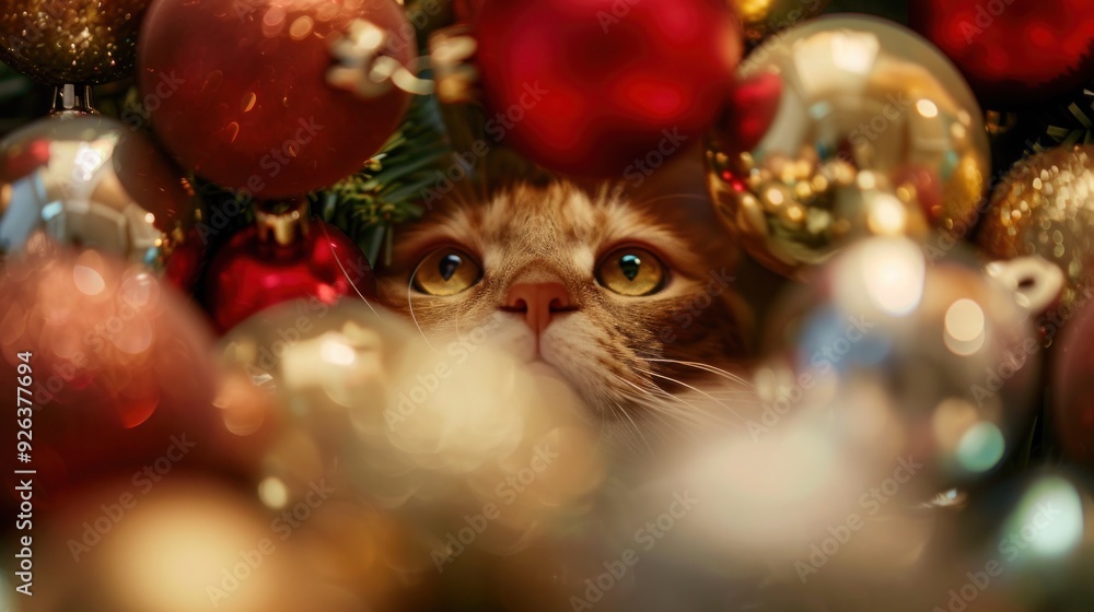 Fototapeta premium Curious Cat Peeking Through Christmas Ornaments