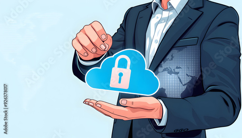 Business man hold,holding cloud computing data and security on global networking,Padlock and cloud icon. Technology of business.Cybersecurity and information or network protection.internet project i photo