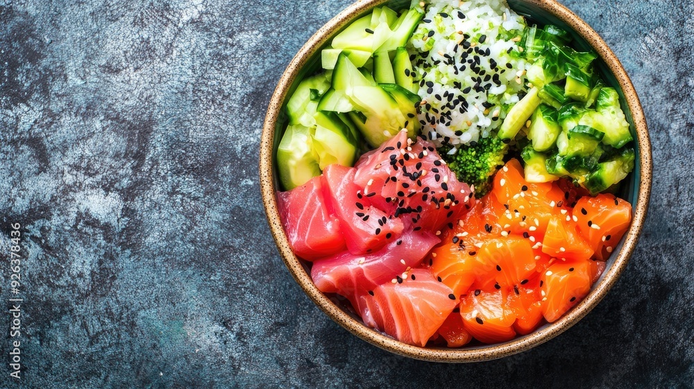 Colorful poke bowl with raw fish and vegetables, top view Colorful poke bowl with raw fish and vegetables, top view