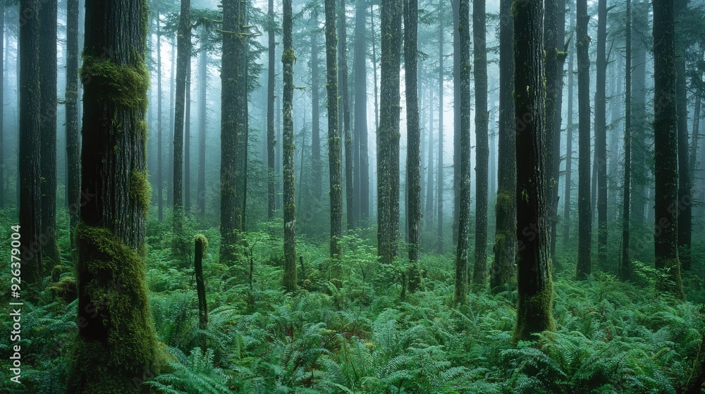 Fototapeta premium Dense forest with tall, slender trees and a carpet of ferns, early morning mist