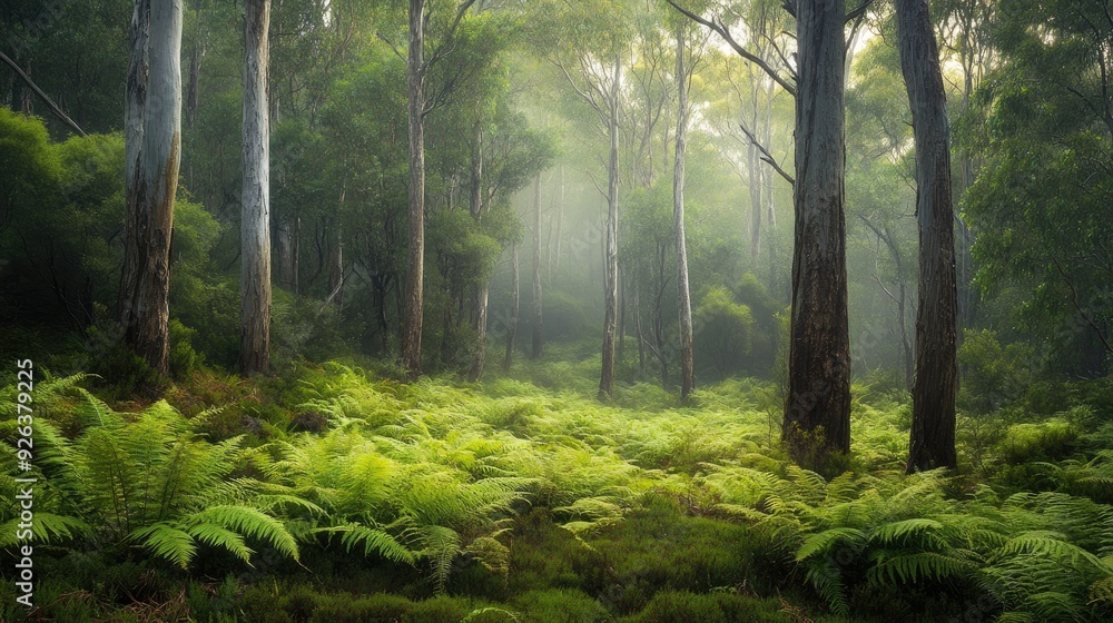 Fototapeta premium Dense forest with tall, slender trees and a carpet of ferns, early morning mist