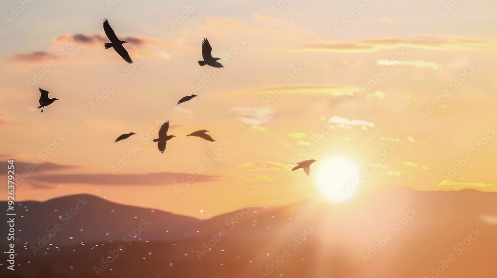 Fototapeta premium Birds flying in the sky at sunset, isolated on a gradient orange and yellow background with a radial gradient from light to dark orange.