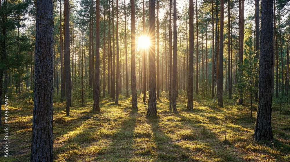 Obraz premium Dense pine forest with sunlight streaming through the needles, tranquil scene