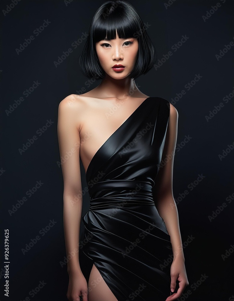 studio portrait of a brunette model with short hair wearing a black dress with nude shoulders on black background, fashion photography studio portrait of a brunette model with short hair wearing a black dress with nude shoulders on black background, fashion photography