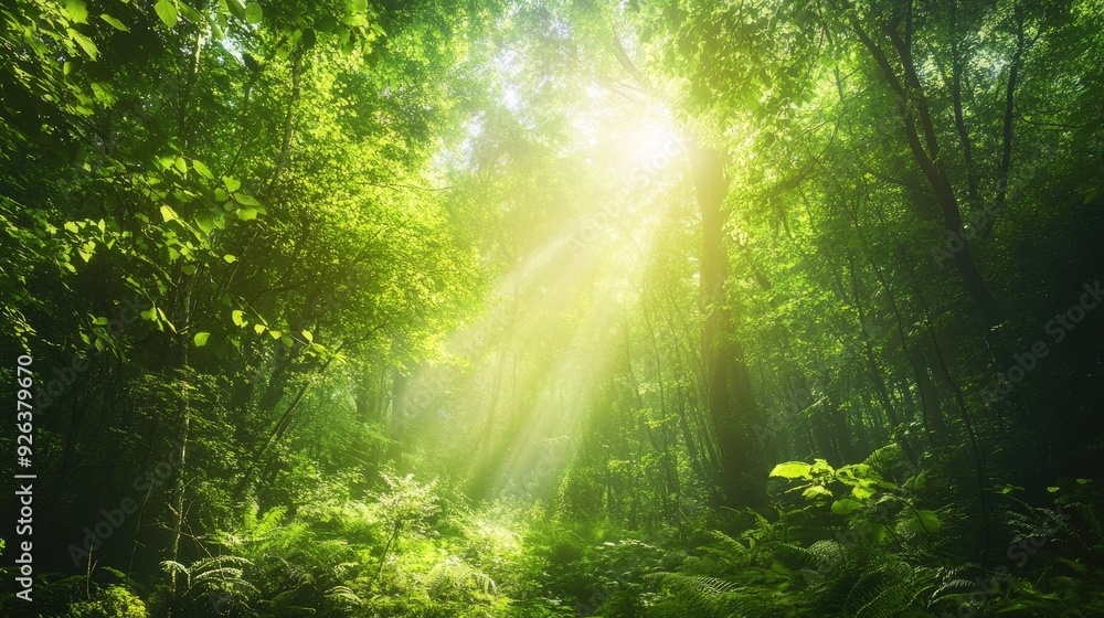 Obraz premium Enchanted forest with a vibrant green canopy and sunlight filtering through