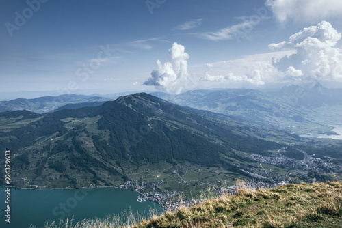 Zugerberg mit den ersten Quellwolken von der Rigi ausgesehen photo