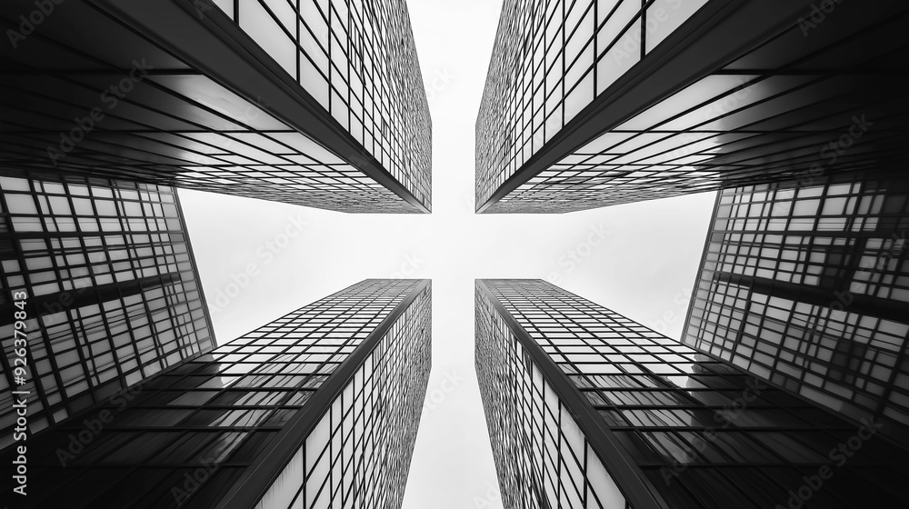 Fototapeta premium Monochrome image of a contemporary office tower with sleek glass windows capturing the sky s reflection and the urban landscape in its surroundings.