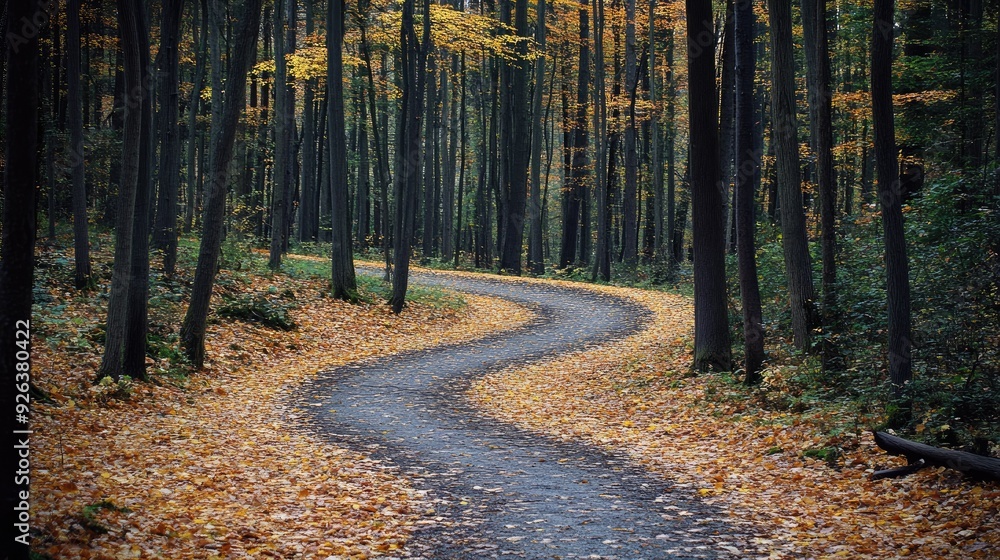 Obraz premium Forest path winding through dense trees, covered in fallen autumn leaves