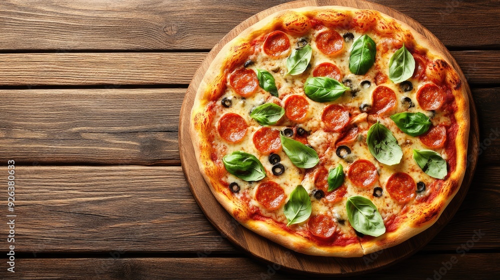 Freshly baked pizza with toppings on a wooden table, top view Freshly baked pizza with toppings on a wooden table, top view