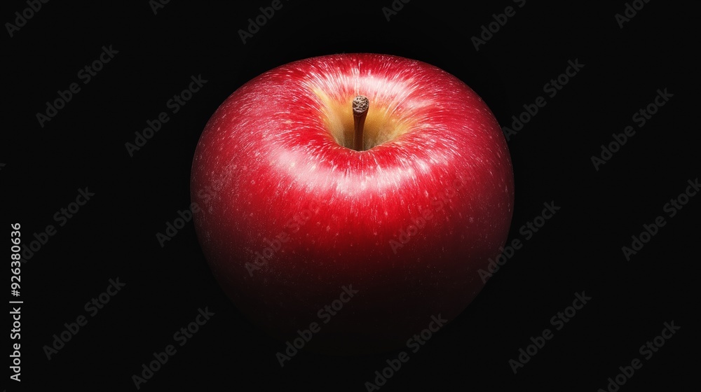 Shiny red apple on black background. Isolated with spotlight, emphasizing color and texture. Dramatic and visually striking composition. Shiny red apple on black background. Isolated with spotlight, emphasizing color and texture. Dramatic and visually striking composition.