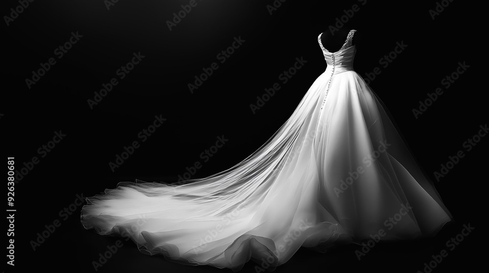 Elegant Off-White Wedding Dress with Intricate Beading and Long Train on Dramatic Black Background, Perfect for Bridal Fashion Events and Runways Elegant Off-White Wedding Dress with Intricate Beading and Long Train on Dramatic Black Background, Perfect for Bridal Fashion Events and Runways