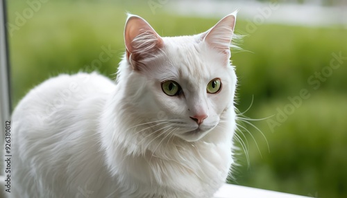 A majestic American Curl cat with bright green eyes lounges gracefully on a windowsill, its soft fur glowing in the natural light, creating a serene and elegant scene