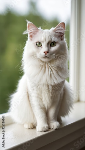 A majestic American Curl cat with bright green eyes lounges gracefully on a windowsill, its soft fur glowing in the natural light, creating a serene and elegant scene