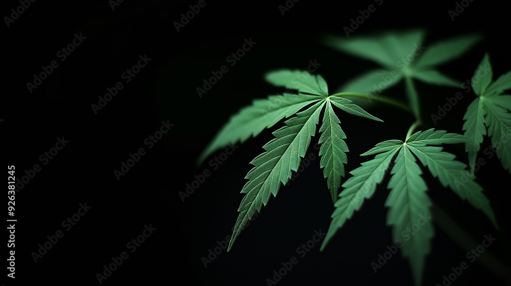 Green cannabis leaves on dark background. Close-up of marijuana plant from Cannabaceae family, showcasing intricate patterns and vibrant green coloration. Green cannabis leaves on dark background. Close-up of marijuana plant from Cannabaceae family, showcasing intricate patterns and vibrant green coloration.