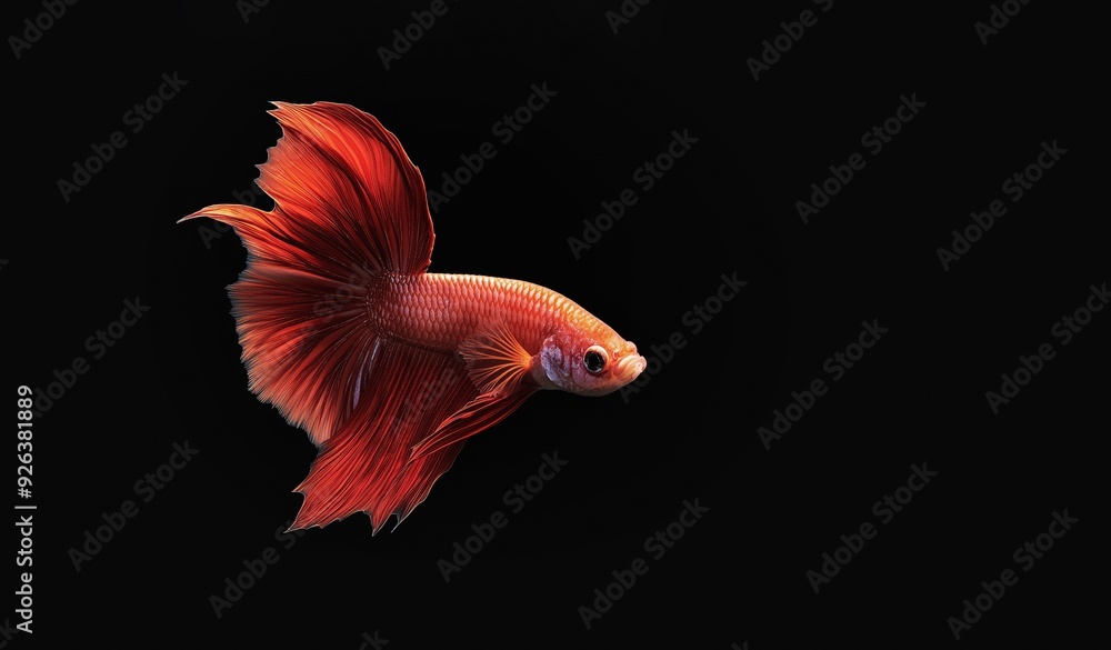 Betta fish isolated on black background. Single red-orange Betta fish, also known as Siamese fighting fish, on black background. Betta fish isolated on black background. Single red-orange Betta fish, also known as Siamese fighting fish, on black background.