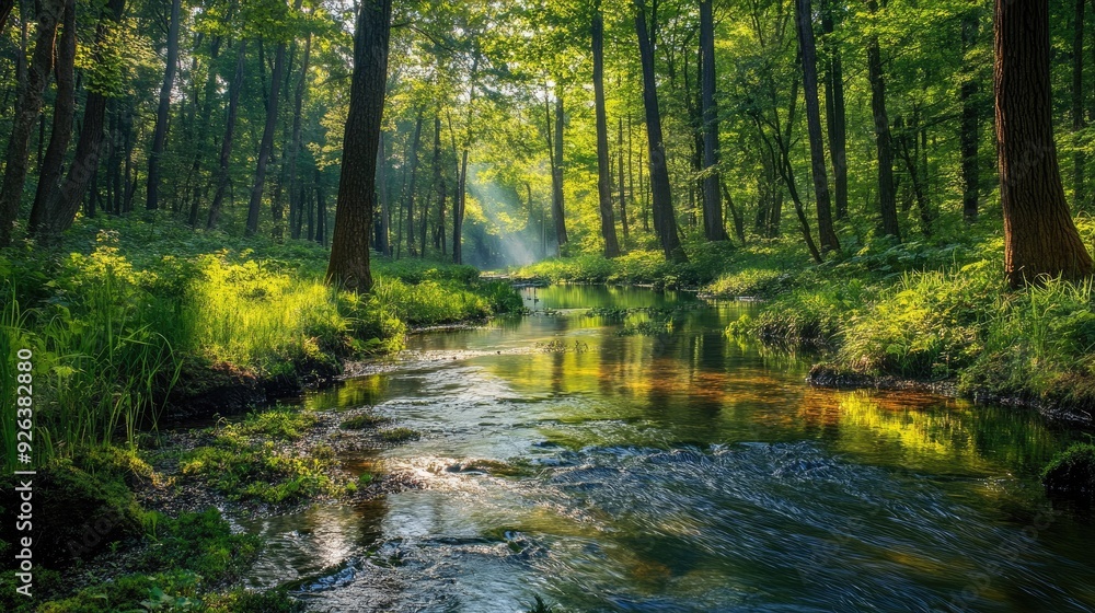 Obraz premium Serene forest stream surrounded by trees and undergrowth, natural beauty