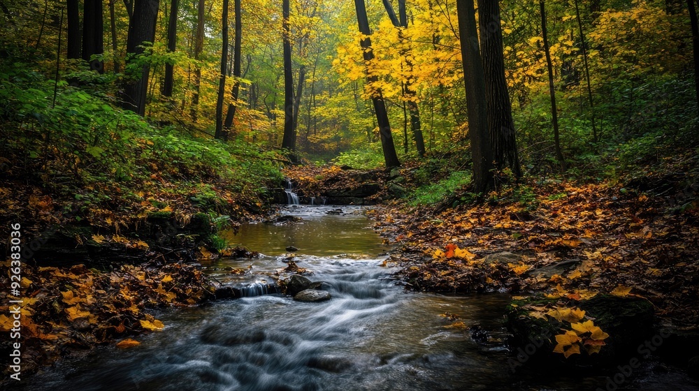 Serene forest with a small, babbling brook and vibrant foliage, peaceful setting Serene forest with a small, babbling brook and vibrant foliage, peaceful setting