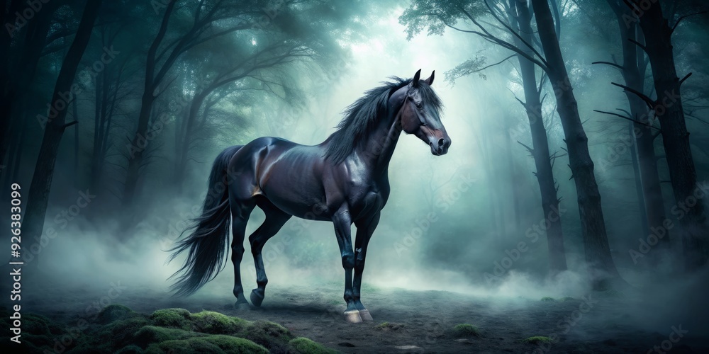 Dramatic moody misty atmospheric low-key lighting mysterious foggy dark woods majestic black horse strong powerful intense brooding emotions cinematic equine mystery Dramatic moody misty atmospheric low-key lighting mysterious foggy dark woods majestic black horse strong powerful intense brooding emotions cinematic equine mystery