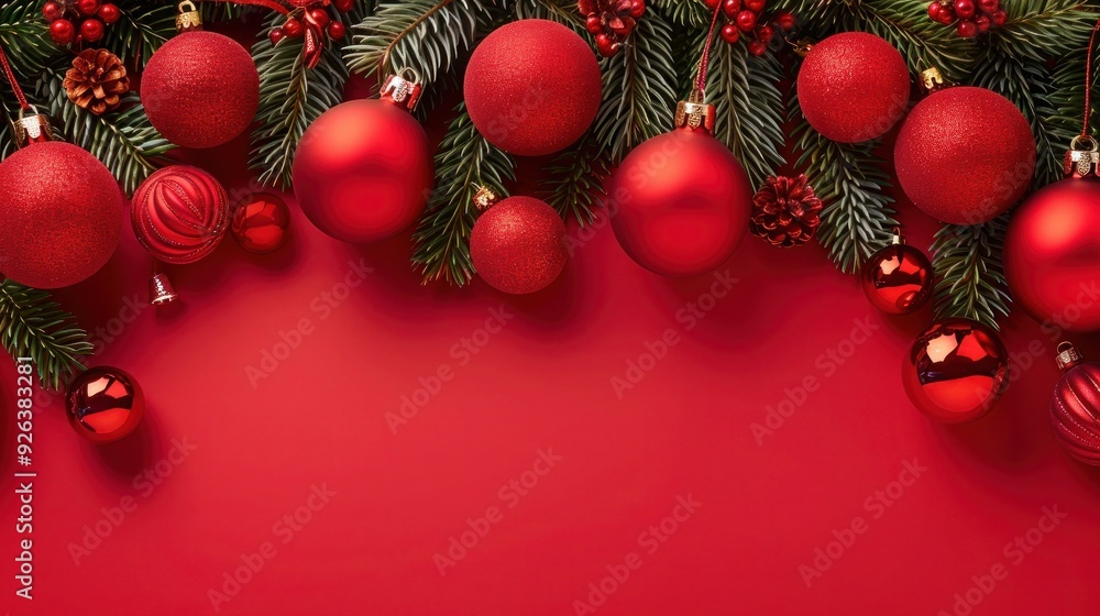 Elegant Red Christmas Frame with Ornaments and Pine Branches Elegant Red Christmas Frame with Ornaments and Pine Branches