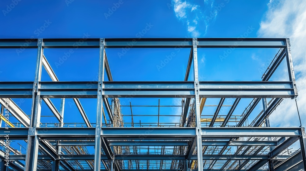 Steel framework of a building under construction with blue sky background Steel framework of a building under construction with blue sky background