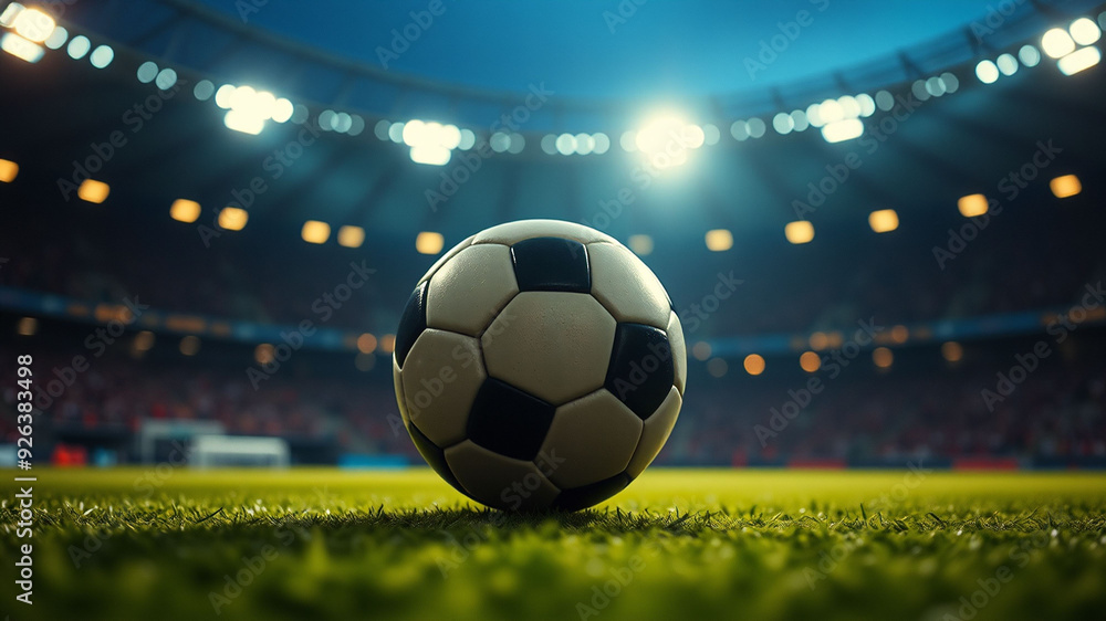 Obraz premium Soccer ball at stadium center under bright lights